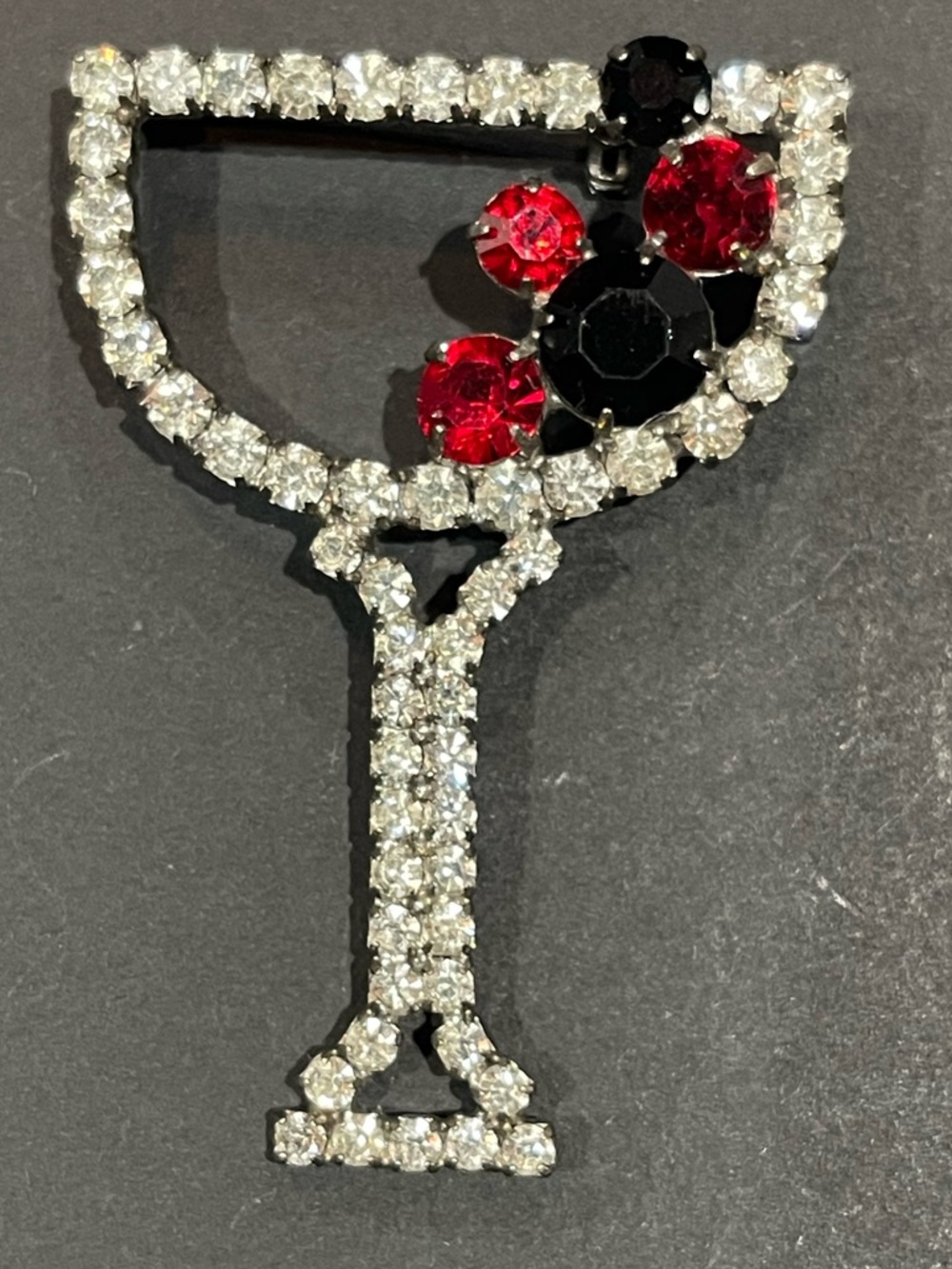 Crystal Cocktail Glass Brooch with Red & Black Accents
